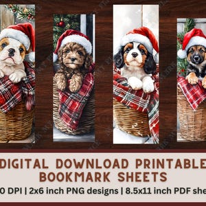 May include: Digital download printable bookmark sheets featuring four watercolor illustrations of puppies wearing Santa hats and wrapped in red plaid blankets, inside woven baskets. The text "DIGITAL DOWNLOAD PRINTABLE BOOKMARK SHEETS" is at the bottom.