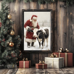 Santa and Christmas Cow Wall Art | Country Santa Christmas Party Decor | Farm Christmas Print Rustic Cottagecore | Cozy Winter Landscape