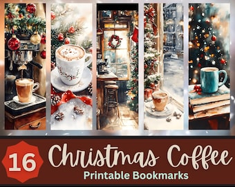 May include: Set of 16 printable Christmas coffee bookmarks. The bookmarks feature watercolor illustrations of coffee mugs, Christmas trees, and winter scenes.