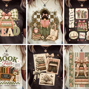May include: A collection of six t-shirts featuring various book-themed graphic prints. Designs include stacks of books, bows, floral patterns, coffee cups, and text such as READ, The Book Fair, and So Many Books So Little Time in muted tones.