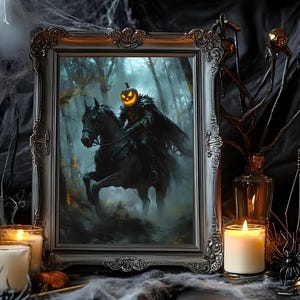 Headless Horseman Printable Halloween Wall Art | Oil Painting Print | Gothic Decor Dark Cottagecore | Vintage Horror Dark Moody Art