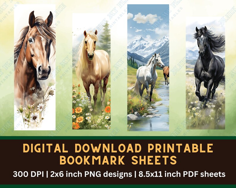 Watercolor Horse Printable Bookmark PNG Bundle | Farm Animal Bookmark ...