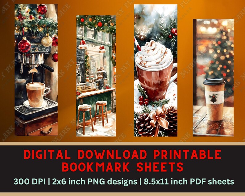 May include: Four printable bookmark designs featuring watercolor illustrations of wintery coffee scenes. The designs include a coffee maker with a cup of coffee, a cup of hot chocolate with whipped cream, a cup of coffee with a pine cone and a Christmas tree with a cup of coffee.