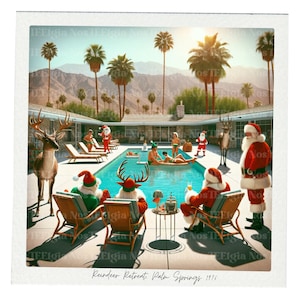 Rendieren Retreat Christmas Santa Palm Springs Pool Party Retro Groovy Vintage Polaroid Foto Mid Century PNG-bestand