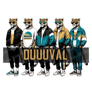 May include: An illustration featuring five leopards in sunglasses and streetwear. The word "DUUUVAL" is displayed in gold block letters. Each leopard is dressed in a different outfit, including jackets, t-shirts, and trainers.