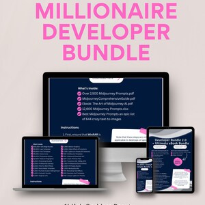 以下が含まれることがあります： Millionaire Developer Bundleというテキストが表示されたデジタル製品のディスプレイ。画像には、コンピューターモニター、ノートパソコン、タブレット、スマートフォンが含まれており、すべてに含まれるファイル、ソフトウェアアセットのリスト、およびダウンロード手順が表示されています。
