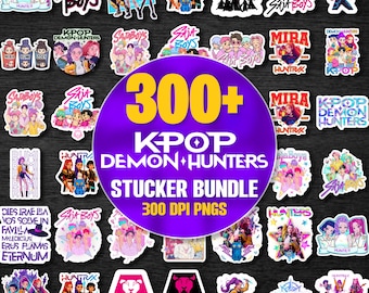 May include: A collection of colorful K-Pop-themed stickers. The stickers feature various designs, including illustrations of anime-style characters, logos, and text. A large purple circle in the center reads "300+ KPOP DEMON HUNTERS STUCKER BUNDLE 300 DPI PNGS."