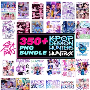 Peut inclure: Un ensemble de graphiques PNG K-Pop Demon Hunters, avec diverses illustrations de personnages et logos. L'image centrale affiche "350+ PNG BUNDLE" en rose et vert, avec les marques "K-Pop Demon Hunters" et "Huntrix".