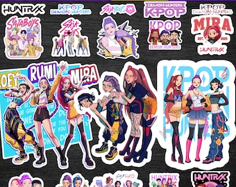 May include: A collection of colorful stickers featuring KPOP and anime-style illustrations. The stickers showcase various characters and groups, with text that reads "DEMON HUNTERS" and "200+ STICKERS". The designs include vibrant colors and dynamic poses.