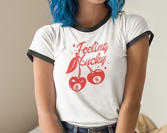 Vintage 'Feeling Lucky' With 8's and Cherries-Next Level Ringer Unisex Cotton T-Shirt - Available in 3 Colors