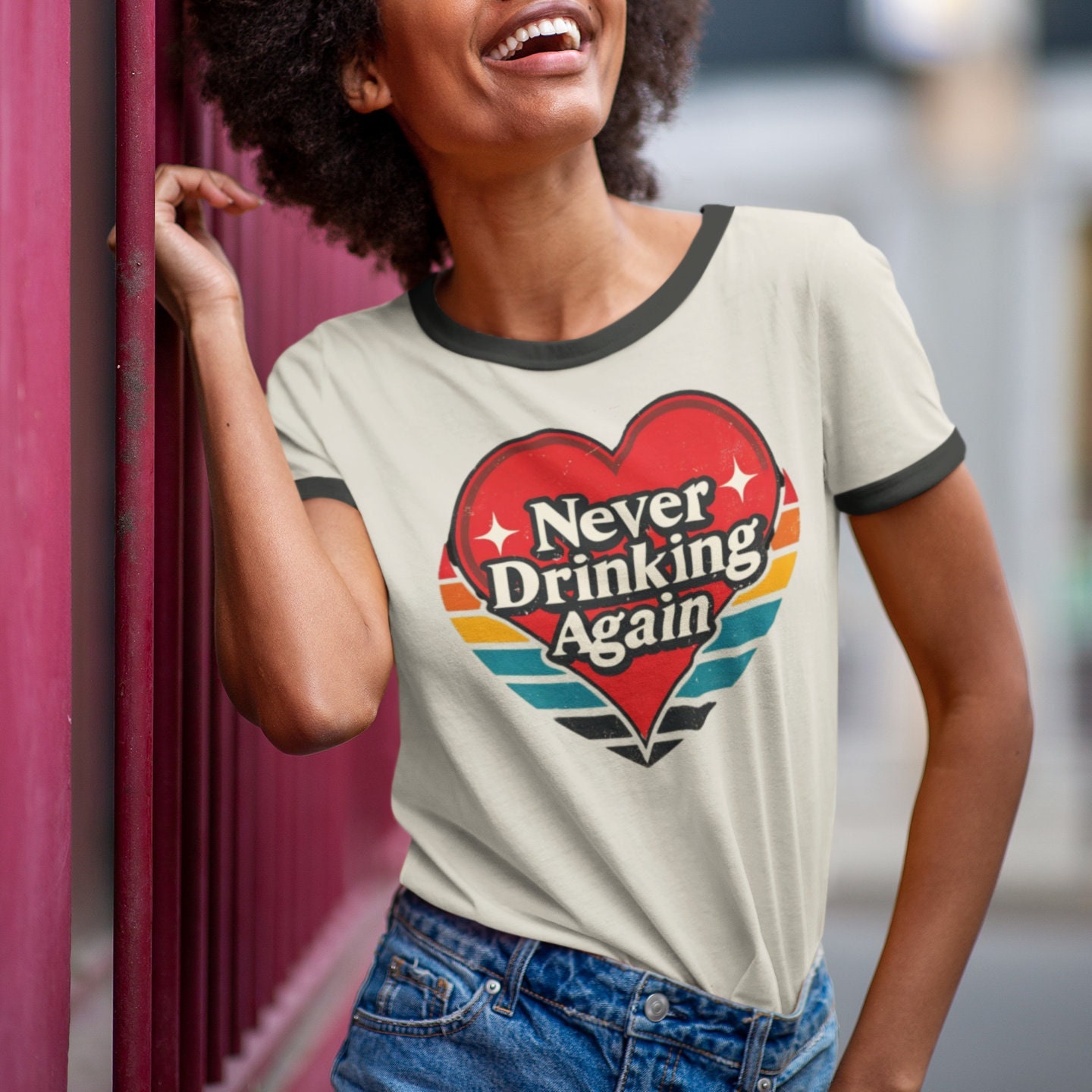Sunday Brunch Essential: 'Never Drinking Again' Ringer T-Shirt with Retro Typography in 3 Colors