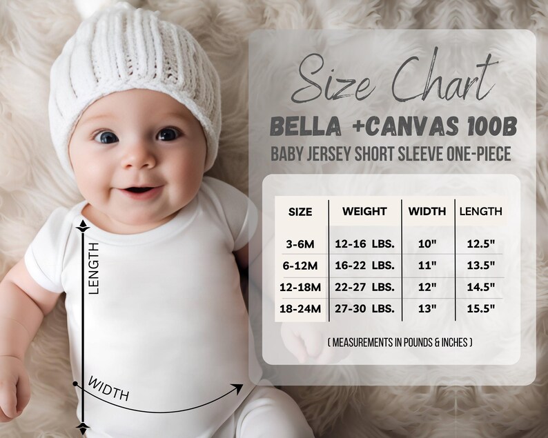 May include: Size chart for Bella + Canvas 100B baby jersey short sleeve one-piece. The chart shows sizes from 3-6 months to 18-24 months, with corresponding weight, width, and length measurements in pounds and inches.