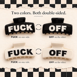 Bold Black or White Fuck Off Hair Clip in Velvet Moon & Stars Jewelry Pouch – 3.8" Oversized Rectangle Claw