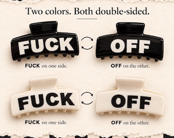 Bold Black or White Fuck Off Hair Clip in Velvet Moon & Stars Jewelry Pouch – 3.8" Oversized Rectangle Claw