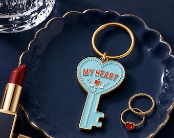 My Heart Key Enamel Keychain | Blue Red Gold Keychain