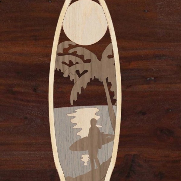 Multilayered SVG Surfboard with surfer silhouette sunset for laser cut file