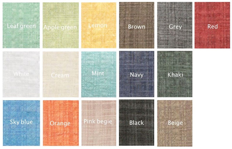 May include: A color chart with 18 fabric swatches in various colors, including leaf green, apple green, lemon, brown, grey, red, white, cream, mint, navy, khaki, sky blue, orange, pink beige, black, and beige.