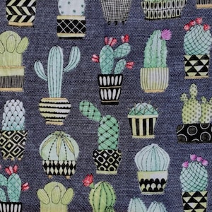 May include: A blue denim fabric with a repeating pattern of various cacti in different coloured pots. The cacti are green, pink, and white with black outlines. The pots are black, white, and yellow with geometric patterns.