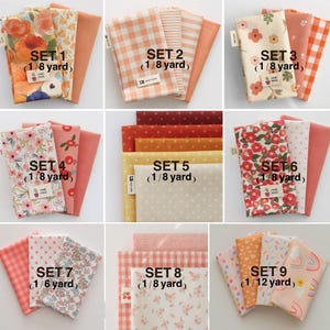 May include: Nine fabric sets with floral, gingham, and polka dot patterns in shades of orange, pink, and yellow. Each set is labeled with a number and yardage, ranging from 1/12 to 1/6 yard. The fabrics are neatly arranged, showcasing various designs.