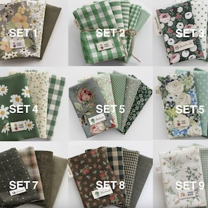 FABRIC SCRAP BUNDLE, 1/8 Yard Cotton pack, Floral Dot Checked patterns in Green