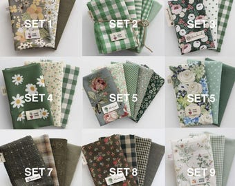 FABRIC SCRAP BUNDLE, 1/8 Yard Cotton pack, Floral Dot Checked patterns in Green