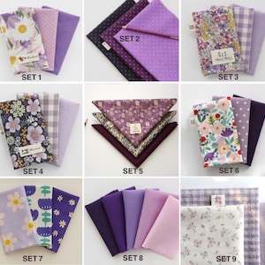 Puede incluir: Conjunto de telas moradas con diseños florales, de lunares y lisos. Cada conjunto incluye varias piezas de tela, algunas con etiquetas "handmade" y números de "set".