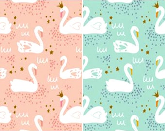 By Yard, MINKY PLUSH, Nursery Cuddle fabric, Pink & Mint Swans print