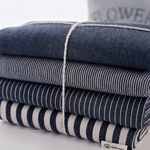 By Yard, Cotton Denim Fabric, Striped Solid Blue Jean