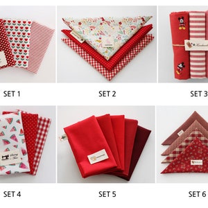 May include: Six sets of fabric squares in various red patterns, including polka dots, stripes, floral, and watermelon prints. Each set is labelled with a number from 1 to 6.
