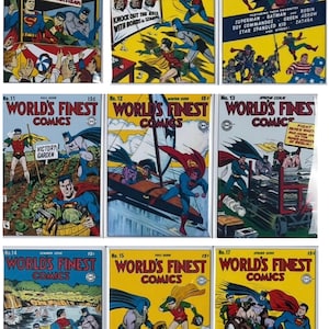 May include: A collection of vintage "World's Finest Comics" featuring Superman, Batman, and other DC Comics characters. The covers have vibrant colors, with yellow backgrounds and various action scenes. Each comic is labeled with a number and price.