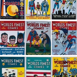 May include: A collection of vintage comic books featuring Superman, Batman, and Robin. The covers display vibrant illustrations and text, including titles like "World's Finest Comics" and "New York World's Fair Comics". The comics are from the 1940s.