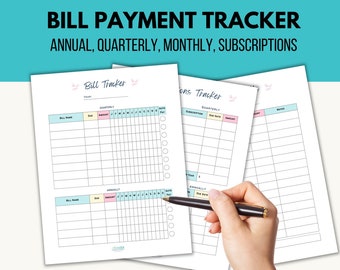 May include: Printable bill payment tracker with sections for annual, quarterly, and monthly bills. The tracker has a light blue, pink, and yellow color scheme with a floral design.