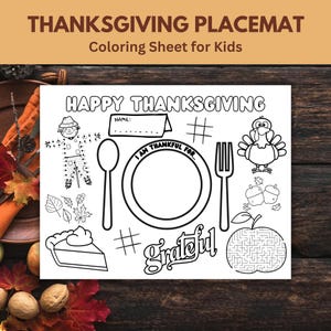 Kids Thanksgiving Placemat, Kids Thanksgiving Coloring Page, Thanksgiving Fun, Holiday Coloring, Turkey Placemat, Holiday Placemat