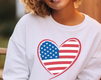 USA-Flagge mit Sternen am Ärmel, Memorial Day-Damenpullover, 4. Juli-Damenpullover, USA-Herzflaggenpullover, Sommer-BBQ-Pullover