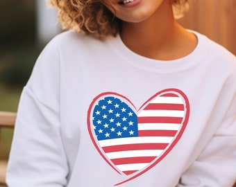 USA-flagga med stjärnor på ärmen, Memorial Day-tröja för damer, 4 juli-tröja för damer, USA-hjärtflaggtröja, sommargrilltröja