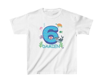 Camisa de cumpleaños de criatura marina para niños, camiseta de cumpleaños de tiburón para niños, camisa de cumpleaños de animales marinos para niños, camisa de cumpleaños personalizada para niños en el océano