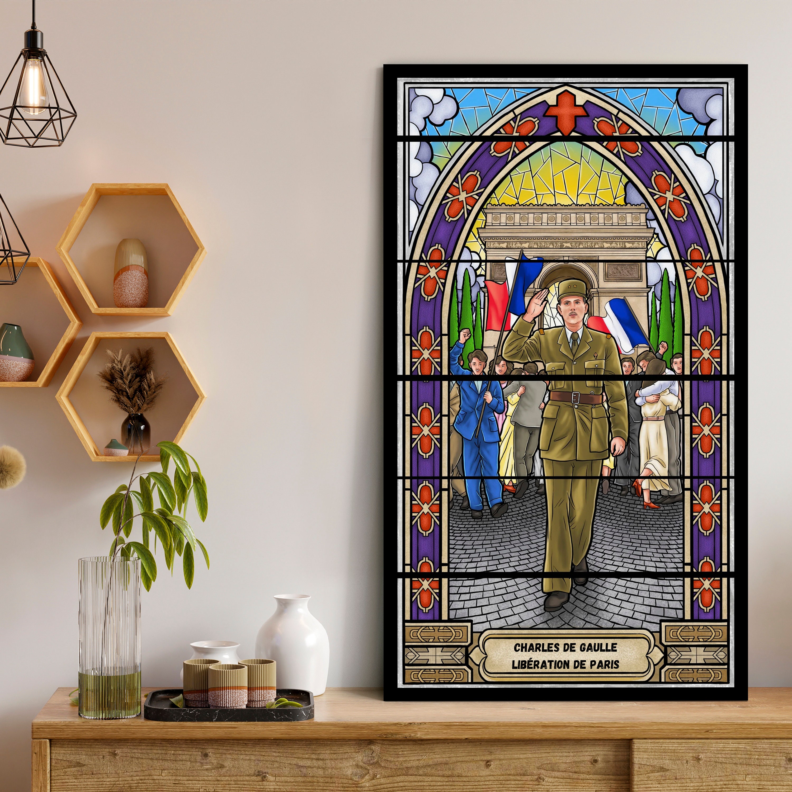 Charles De Gaulle, Liberation Paris, Resistance, Wall Art, Stained Glass Print, Canvas, Home Decoration, Original Gift