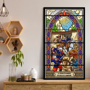May include: A stained glass window depicting a scene from the Battle of Camerone, a famous battle in the history of the French Foreign Legion. The scene shows French soldiers fighting against Mexican forces. The window is framed in black and has a purple background. The text "La Légion Étrangère Bataille de Camerone" is at the bottom of the window.