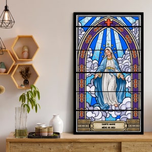 Arte de la pared de la Virgen María, arte de la pared de vidrieras, pintura cristiana, decoración cristiana, pintura religiosa, vidrieras de Santa María, Madre María