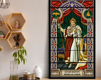 May include: A stained glass window depicting Napoleon Bonaparte, Emperor of the French, in a regal pose. He is wearing a white and red robe with a crown and holding a scepter. The window is framed in black and features intricate details in gold, red, and blue.
