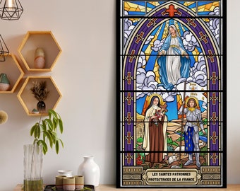 Virgin Mary, Saint Theresa, Joan of Arc, Stained Glass Decoration, Christian Wall Art, Print, Christian Painting, Religious Painting