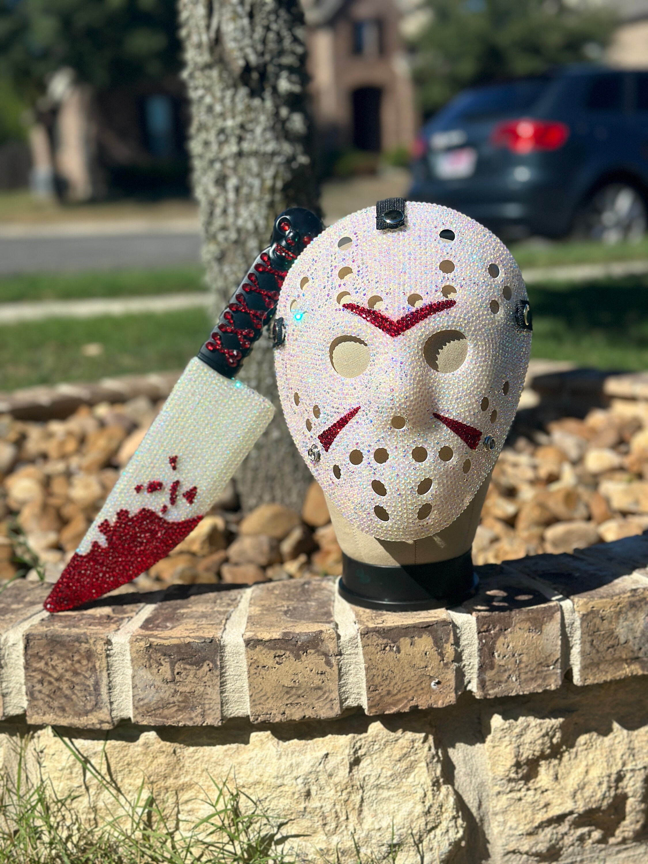 Jason Voohees Half Mossy bloody axe cut hand painted custom mask