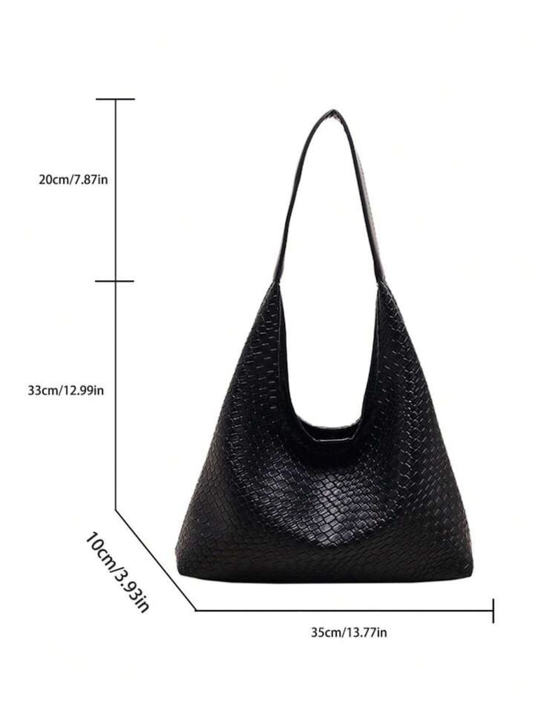 May include: Black woven leather handbag with a single strap. The bag measures 35cm wide, 33cm tall, and 10cm deep.