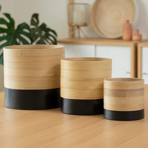 May include: Three round bamboo planters with black bottoms. The planters are different sizes and are arranged from largest to smallest.