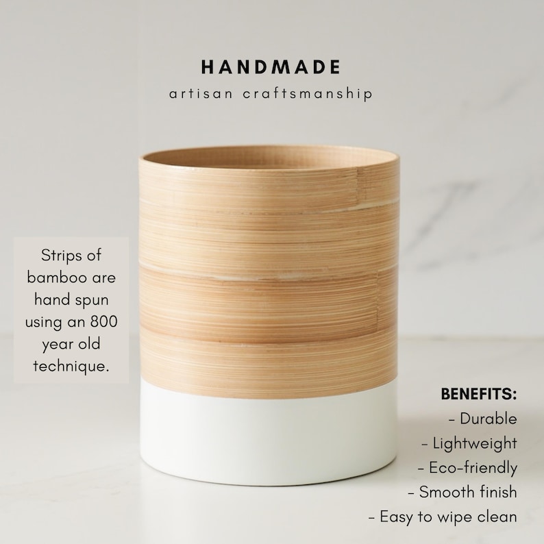 May include: A handmade bamboo utensil holder with a white base. The holder is made from strips of bamboo that are hand spun using an 800-year-old technique. The text "HANDMADE artisan craftsmanship" is at the top of the image. The text "BENEFITS: - Durable - Lightweight - Eco-friendly - Smooth finish - Easy to wipe clean" is at the bottom of the image.