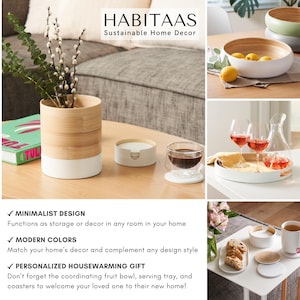 May include: A set of white and natural bamboo serving trays, bowls, and coasters. The trays and bowls have a white base and natural bamboo sides. The coasters are round and made of natural bamboo. The text "HABITAAS Sustainable Home Decor" is at the top of the image.