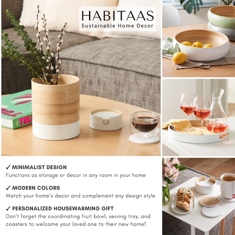 May include: A set of white and natural bamboo serving trays, bowls, and coasters. The trays and bowls have a white base and natural bamboo sides. The coasters are round and made of natural bamboo. The text "HABITAAS Sustainable Home Decor" is at the top of the image.