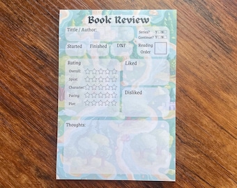 May include: A printable book review template with a whimsical design featuring a blue and green background with a white unicorn and a castle. The template includes sections for title, author, rating, liked, disliked, and thoughts.