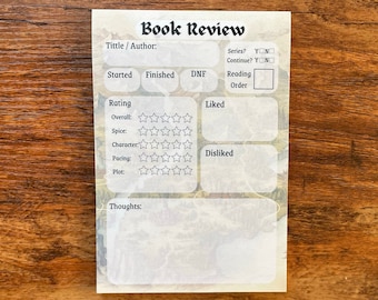 May include: A printable book review tracker with sections for title, author, series, rating, liked, disliked, and thoughts. The tracker has a white background with a floral design.