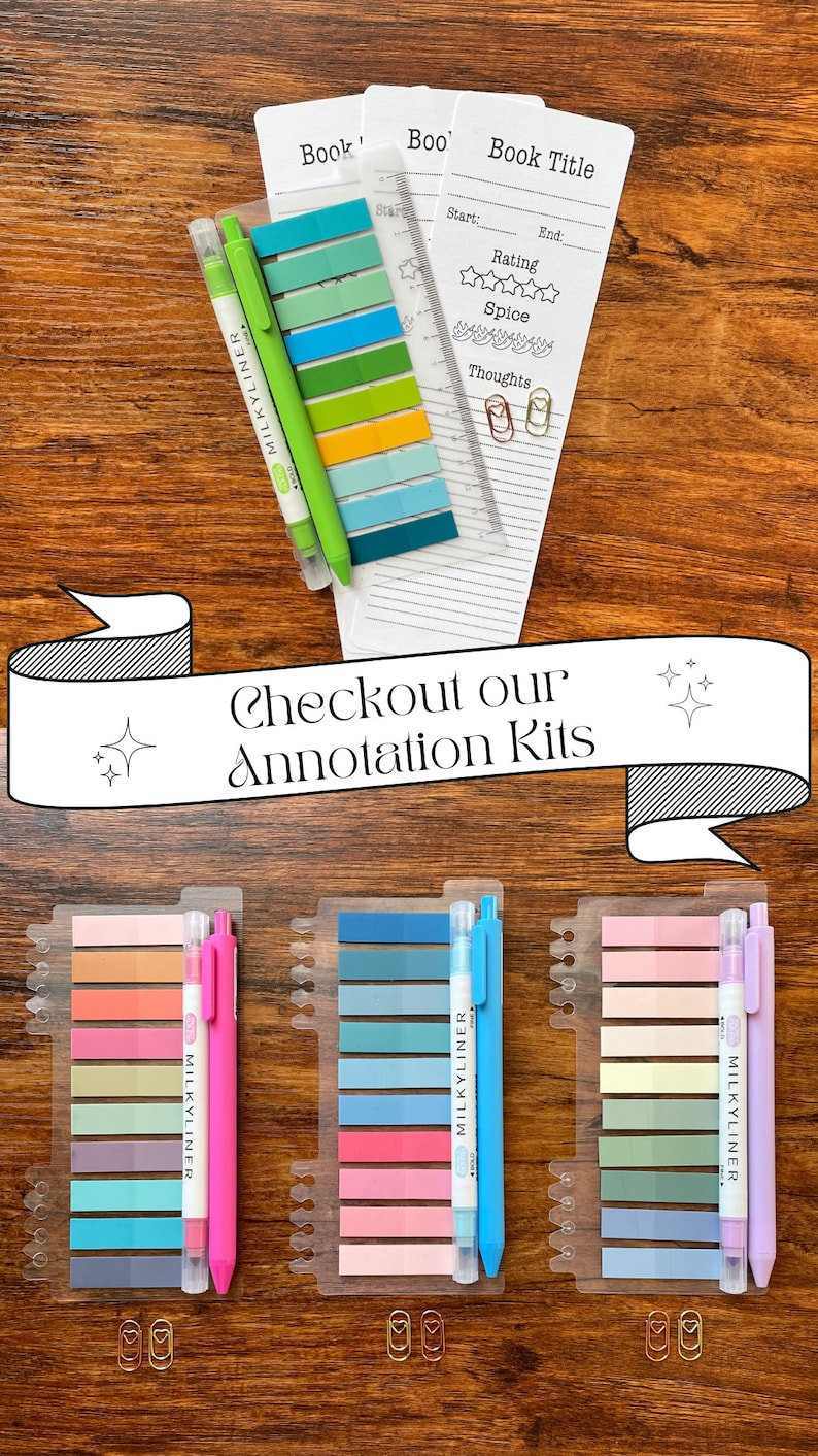 May include: Three sets of colorful sticky notes and pens in a variety of colors, including pink, blue, green, and purple. The sticky notes are arranged in a vertical stack and the pens are placed next to them. The text "MILKYLINER" is visible on the pens. The text "Checkout our Annotation Kits" is visible on a banner.